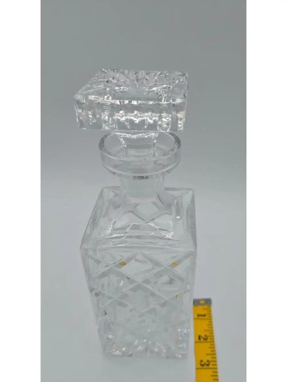 Vintage MCM Cut Crystal Square Decanter w/Stopper Diamond Pattern 9
